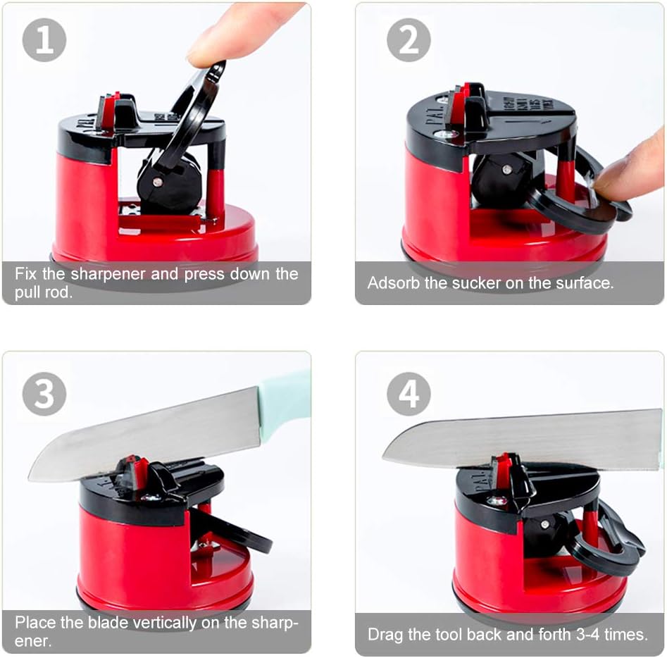 Knife Sharpeners for Kitchen Knives with Suction Base, Red | Suction base, Tungsten carbide groove, 20-degree angle, Compact red design, For kitchen & pocket knives