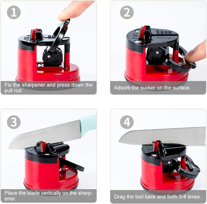 Knife Sharpeners for Kitchen Knives with Suction Base, Red | Suction base, Tungsten carbide groove, 20-degree angle, Compact red design, For kitchen & pocket knives