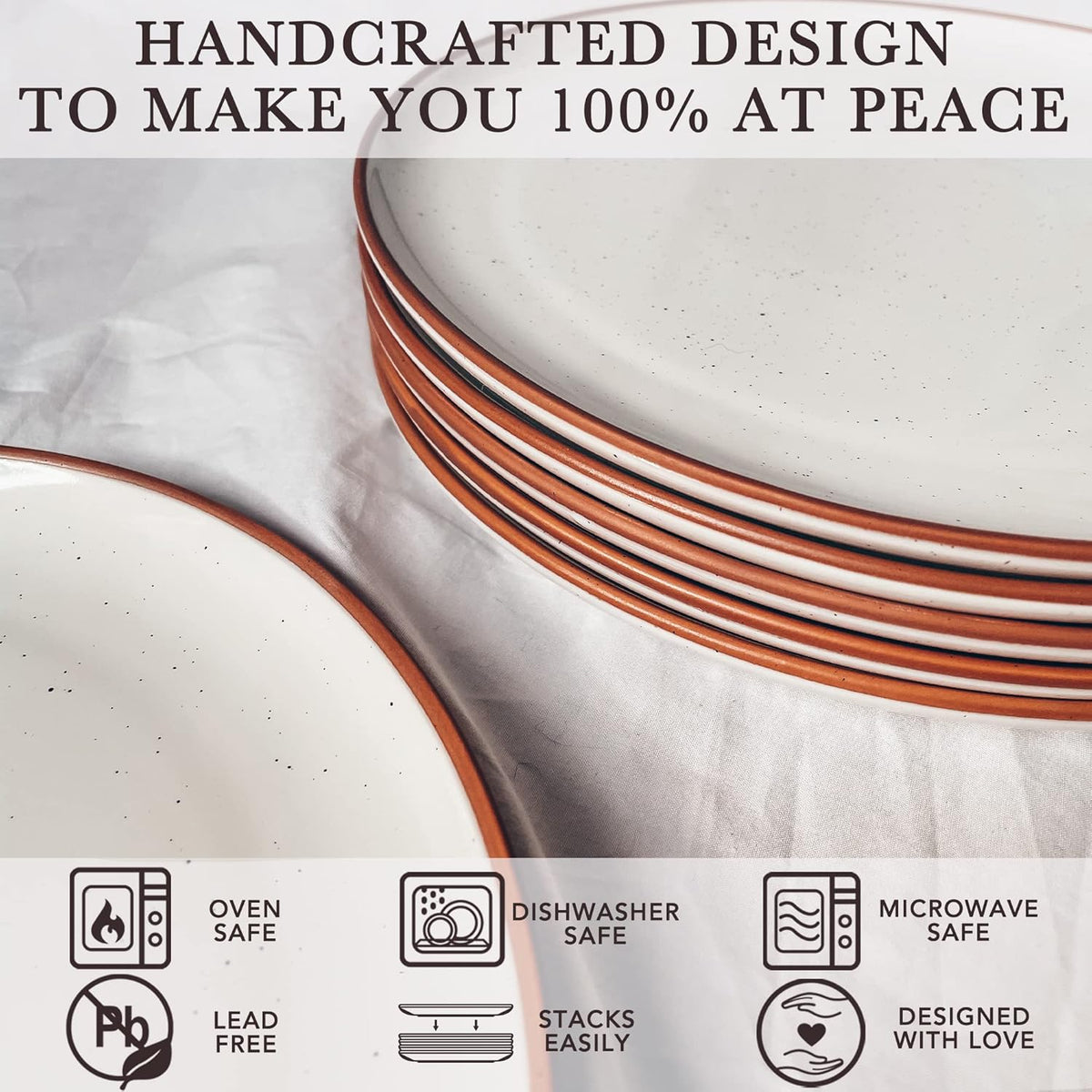 Ceramic Dinner Plates Set of 6, 10 inch Dish Set - Microwave, Oven, and Dishwasher Safe, Scratch Resistant, Modern Rustic Dinnerware- Kitchen Porcelain Serving Dishes - Vanilla White