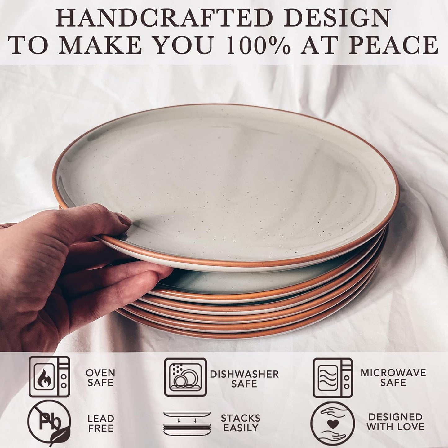 Ceramic Dinner Plates Set of 6, 10 inch Dish Set - Microwave, Oven, and Dishwasher Safe, Scratch Resistant, Modern Rustic Dinnerware- Kitchen Porcelain Serving Dishes - Vanilla White