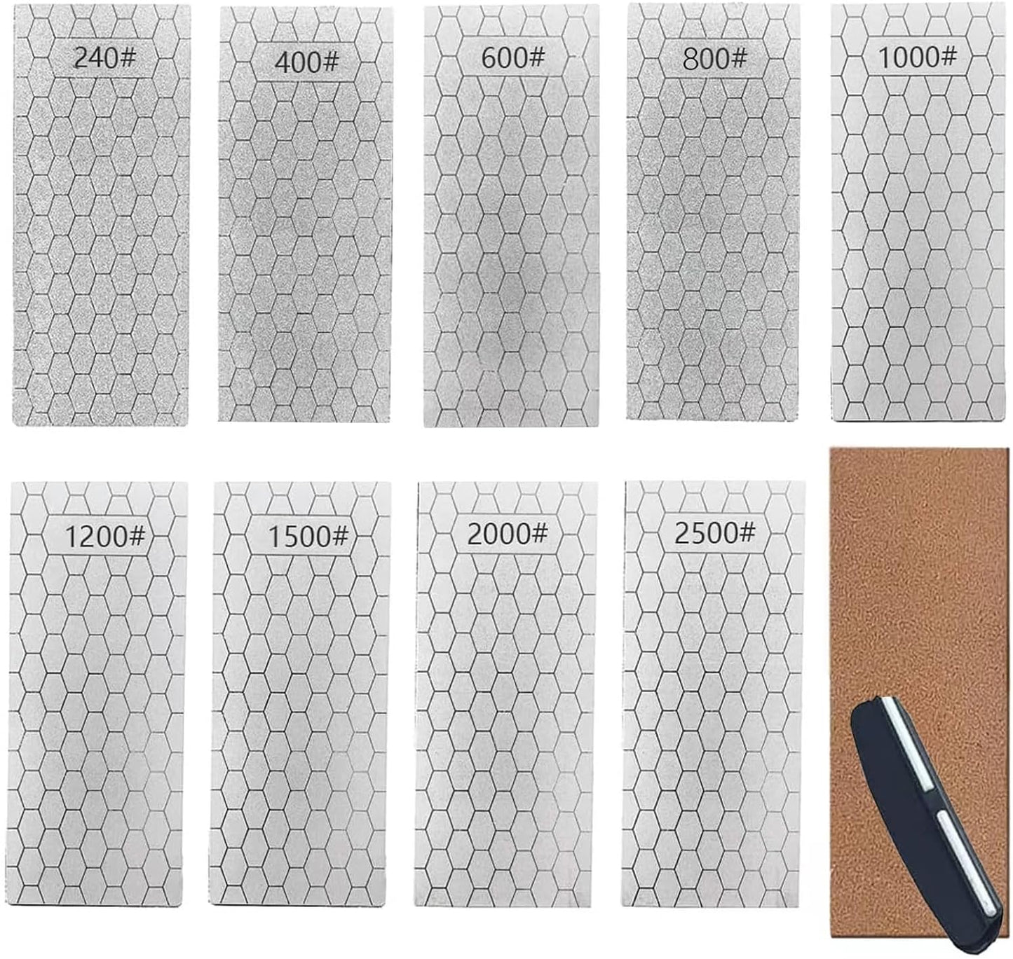 4 Pcs Diamond Sharpening Stone, with Angle Guide and Leather Strop, Knife Sharpener Stone Whetstone Honeycomb Surface Plate with Non-slip Base for Pocket Knives Scissors