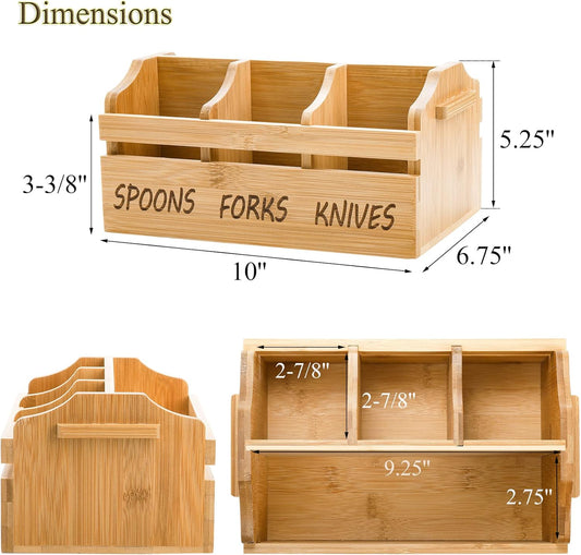 Bamboo Silverware Caddy Organizer - 4 Compartment Wooden Utensil Holder with Handle for Kitchen Countertop, Party, Forks Spoons Knives Napkins Storage