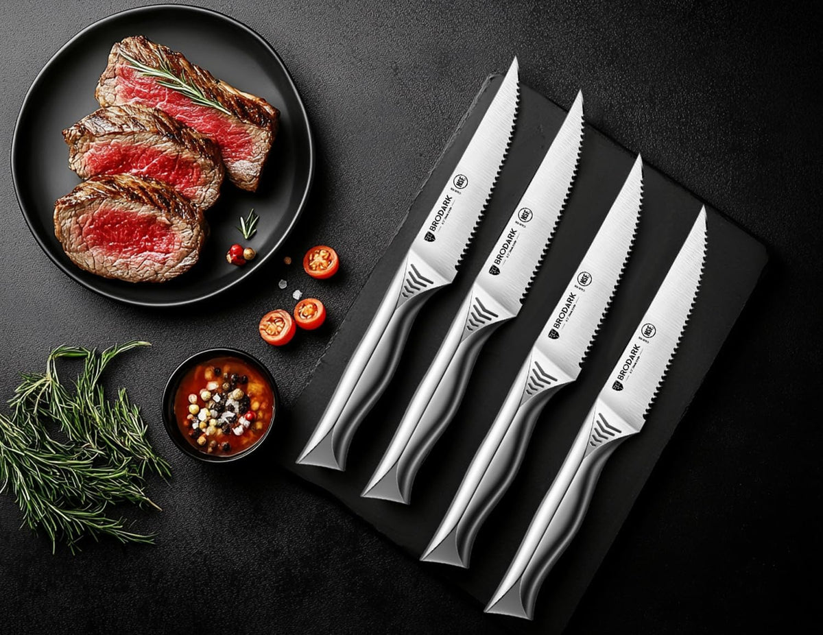 4.5 Inch Serrated Steak Knives Set of 8, Ultra Sharp, Shark Series