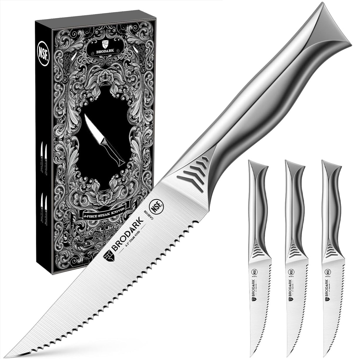 4.5 Inch Serrated Steak Knives Set of 8, Ultra Sharp, Shark Series