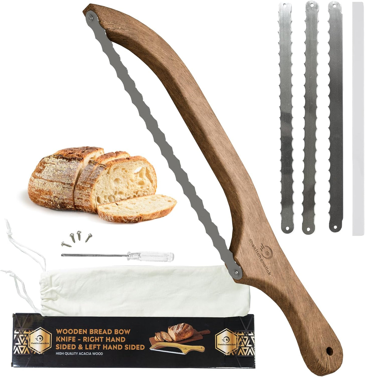 Kitchen Click Bread Knife for Homemade Bread – 16" Acacia Wood Bow Knife with 3 Extra Blades – Sourdough Bread Slicer for Even, Crumb-Free Cuts – Ideal for Artisan Loaves, Bagels