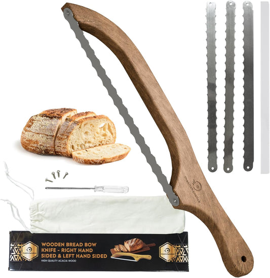 Kitchen Click Bread Knife for Homemade Bread – 16" Acacia Wood Bow Knife with 3 Extra Blades – Sourdough Bread Slicer for Even, Crumb-Free Cuts – Ideal for Artisan Loaves, Bagels