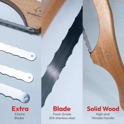 Kitchen Click Bread Knife for Homemade Bread – 16" Acacia Wood Bow Knife with 3 Extra Blades – Sourdough Bread Slicer for Even, Crumb-Free Cuts – Ideal for Artisan Loaves, Bagels
