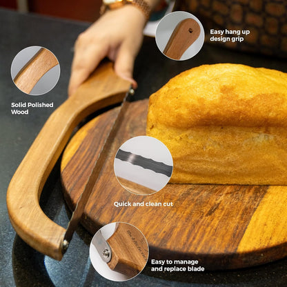 Kitchen Click Bread Knife for Homemade Bread – 16" Acacia Wood Bow Knife with 3 Extra Blades – Sourdough Bread Slicer for Even, Crumb-Free Cuts – Ideal for Artisan Loaves, Bagels
