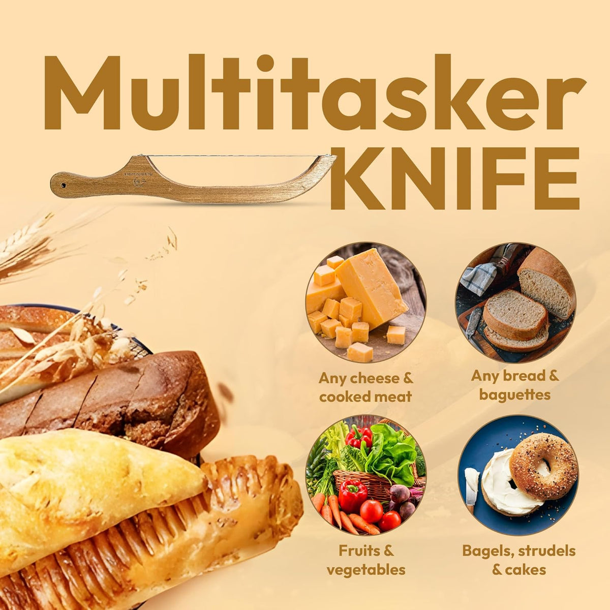 Kitchen Click Bread Knife for Homemade Bread – 16" Acacia Wood Bow Knife with 3 Extra Blades – Sourdough Bread Slicer for Even, Crumb-Free Cuts – Ideal for Artisan Loaves, Bagels