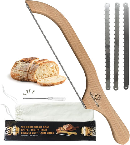 Kitchen Click Bread Knife for Homemade Bread – 16" Acacia Wood Bow Knife with 3 Extra Blades – Sourdough Bread Slicer for Even, Crumb-Free Cuts – Ideal for Artisan Loaves, Bagels