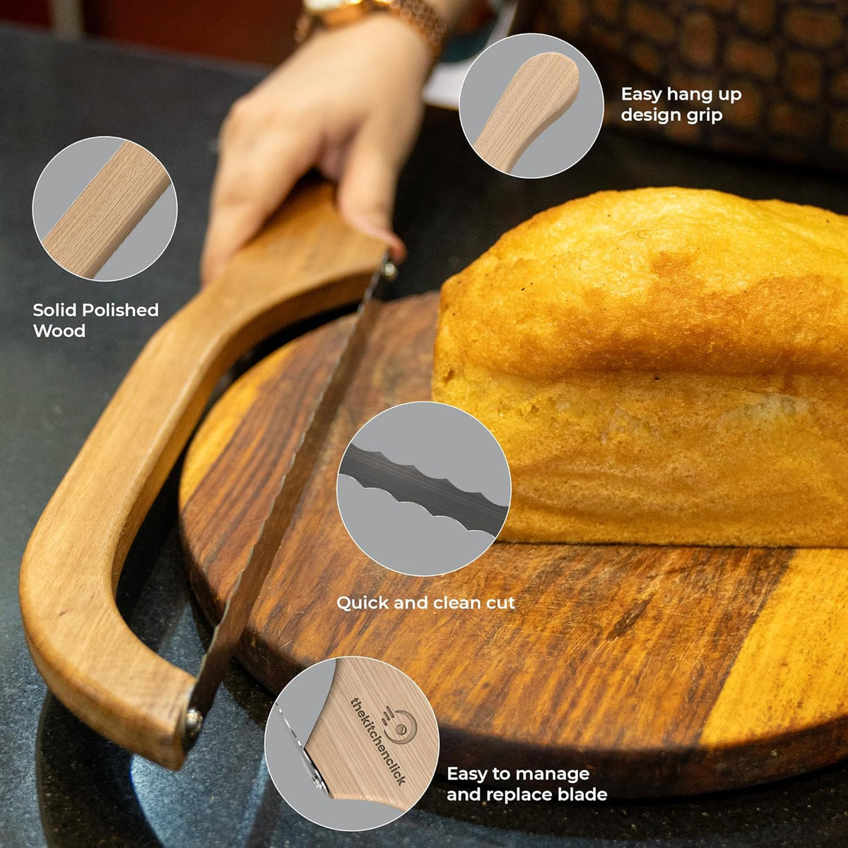 Kitchen Click Bread Knife for Homemade Bread – 16" Acacia Wood Bow Knife with 3 Extra Blades – Sourdough Bread Slicer for Even, Crumb-Free Cuts – Ideal for Artisan Loaves, Bagels
