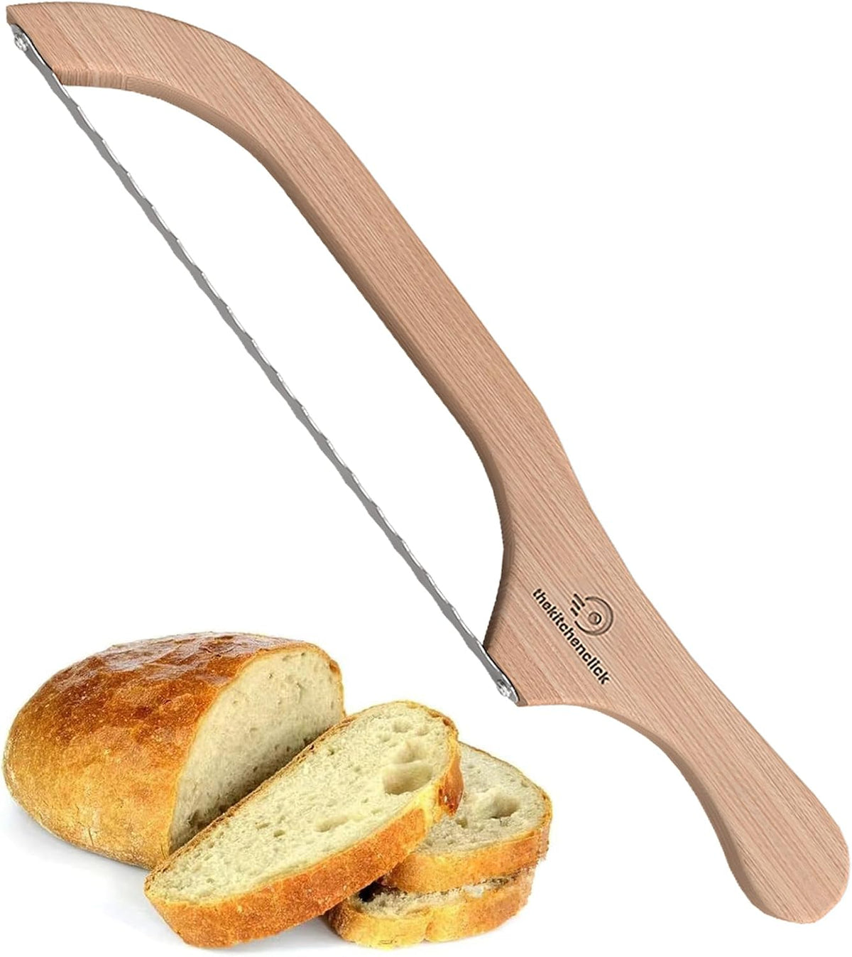 Kitchen Click Bread Knife for Homemade Bread – 16" Acacia Wood Bow Knife with 3 Extra Blades – Sourdough Bread Slicer for Even, Crumb-Free Cuts – Ideal for Artisan Loaves, Bagels