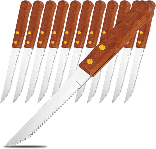 Steak Knives Set of 12, Wood Handle Stainless Steel Steak Knife Set, Serrated Steak Knives, Gifts for Home, Restaurant, Parties, Wedding, Camping
