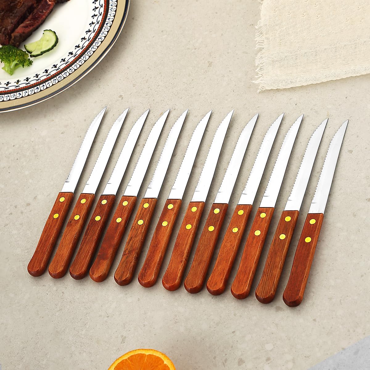 Steak Knives Set of 12, Wood Handle Stainless Steel Steak Knife Set, Serrated Steak Knives, Gifts for Home, Restaurant, Parties, Wedding, Camping