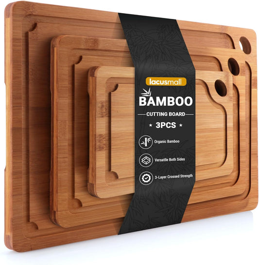 Bamboo Cutting Board for Kitchen, 3Pcs Thickened Wooden Cutting Board Set with Deep Juice Groove, Built-in Handles Durable Chopping Boards for Separating Meat, Vegetables, Fruits, Ideal Gift