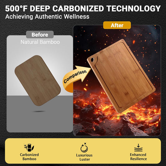 Bamboo Cutting Board for Kitchen, 3Pcs Thickened Wooden Cutting Board Set with Deep Juice Groove, Built-in Handles Durable Chopping Boards for Separating Meat, Vegetables, Fruits, Ideal Gift