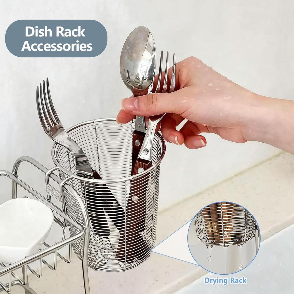 Dish Rack, Stainless Steel Kitchen Drain Basket, Compact Utensil Drying Rack Dishwasher Accessory, Hanging Cutlery and Utensil Organizer, Set of 2