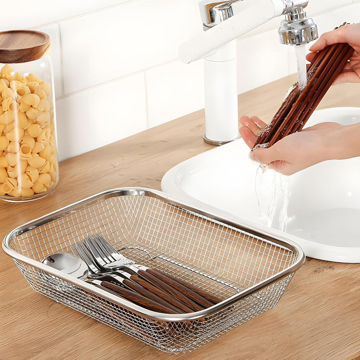 Dish Rack, Stainless Steel Kitchen Drain Basket, Compact Utensil Drying Rack Dishwasher Accessory, Hanging Cutlery and Utensil Organizer, Set of 2