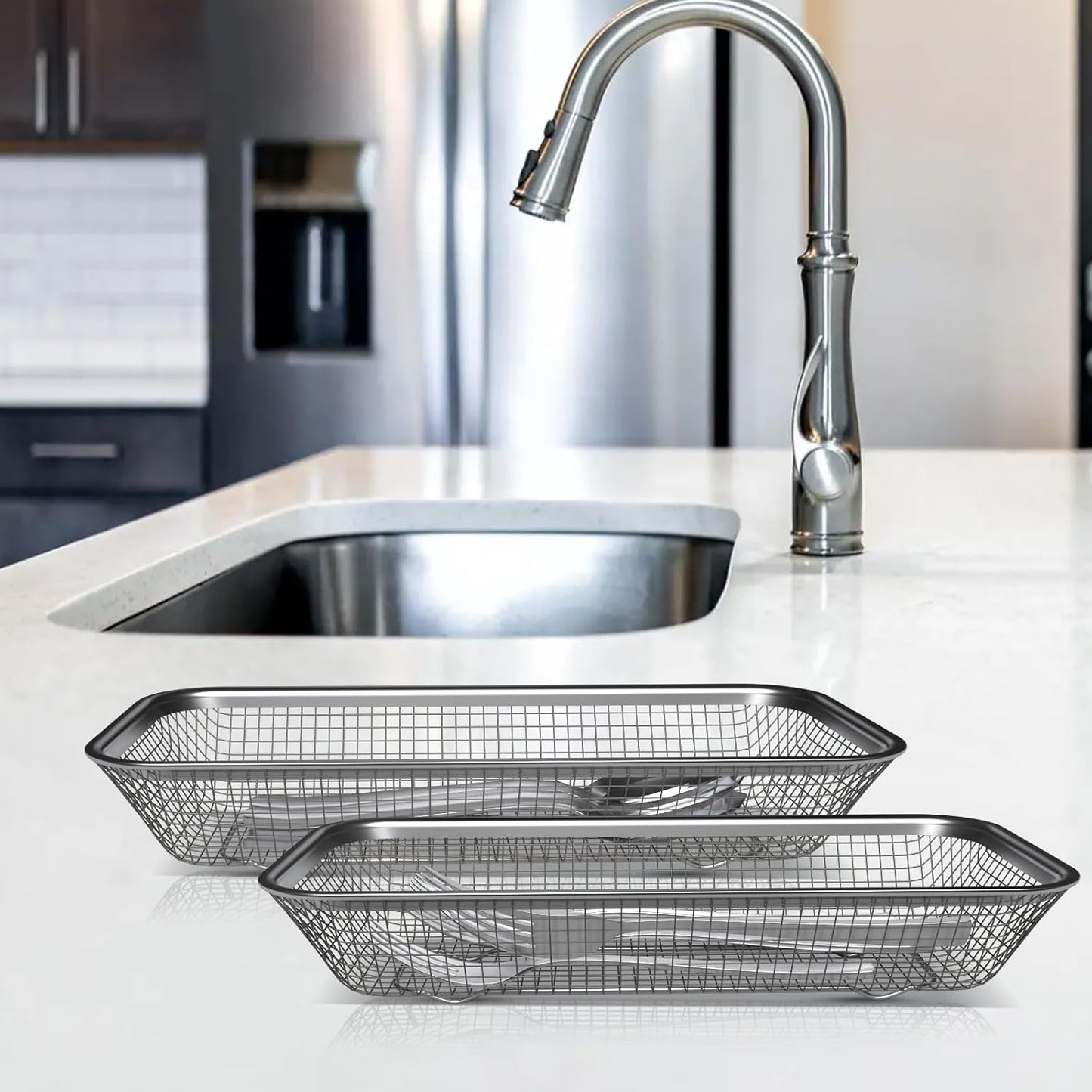 Dish Rack, Stainless Steel Kitchen Drain Basket, Compact Utensil Drying Rack Dishwasher Accessory, Hanging Cutlery and Utensil Organizer, Set of 2