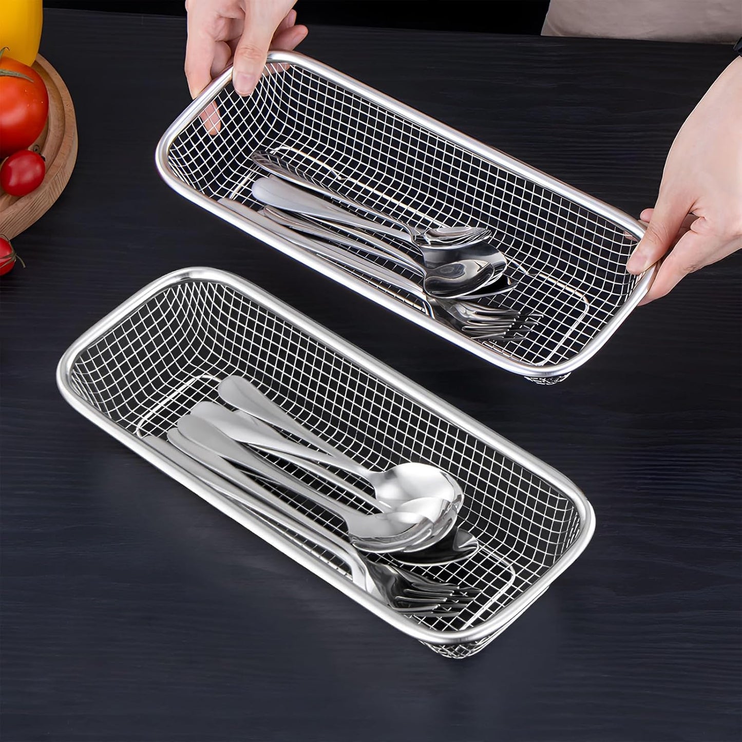Dish Rack, Stainless Steel Kitchen Drain Basket, Compact Utensil Drying Rack Dishwasher Accessory, Hanging Cutlery and Utensil Organizer, Set of 2