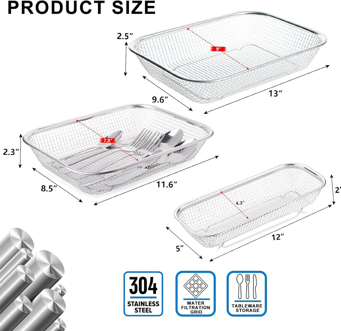Dish Rack, Stainless Steel Kitchen Drain Basket, Compact Utensil Drying Rack Dishwasher Accessory, Hanging Cutlery and Utensil Organizer, Set of 2
