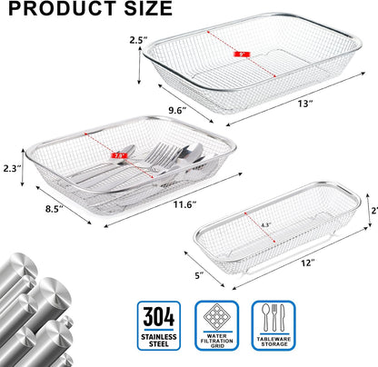 Dish Rack, Stainless Steel Kitchen Drain Basket, Compact Utensil Drying Rack Dishwasher Accessory, Hanging Cutlery and Utensil Organizer, Set of 2