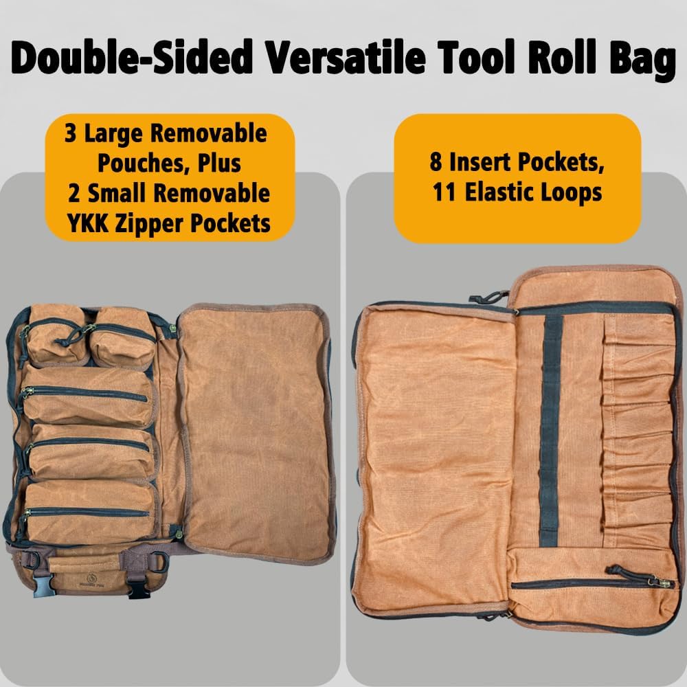 The Pack Mule Mini 2-in-1 Tool Roll Bag, Double-Sided Roll Up Storage for Wrenches, Knives, HVAC, Electrician, Plumber, Mechanic – Great Gift for Men