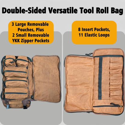 The Pack Mule Mini 2-in-1 Tool Roll Bag, Double-Sided Roll Up Storage for Wrenches, Knives, HVAC, Electrician, Plumber, Mechanic – Great Gift for Men