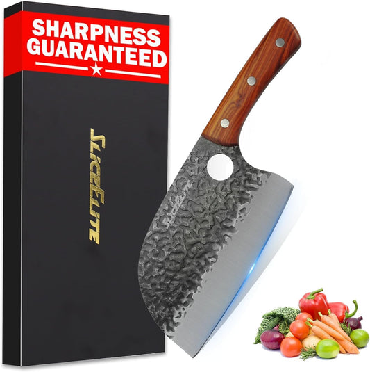 Serbian Chef Knife Vegetable Chopper Meat Cutting Kitchen Knife Food Prep | Hammered Pattern Forged Steel • Full Tang • Sandalwood Handle • Chopping • Slicing • Kitchen • BBQ • Grilling • Outdoor