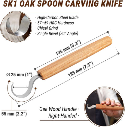 Spoon Carving Hook Knife SK1 - Spoon Carving Tools Right-Handed - Crooked Whittling Knife for Spoons Kuksa Bowls and Cups, Whittling Tools for Beginners and Professional Carvers