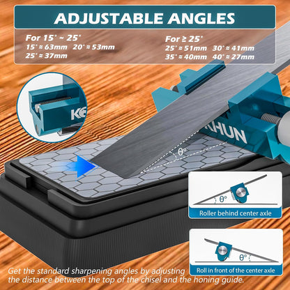 Chisel Honing Guide with Whetstone – Adjustable Sharpening Jig for Chisels and Plane Irons (0.2”–2.55”) – Anti-Rust Metal Body – Smooth Rolling Sharpening Tool Kit
