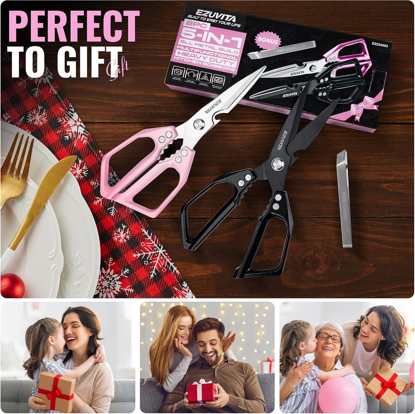 2PC 5-in-1 Kitchen Scissors Set, Multifunctional Shears | Titanium Coated Blades, Aluminum Alloy Handle, Fish Scaling Edge, Bottle Opener, Nutcracker,Poultry Tweezers,Dishwasher Safe