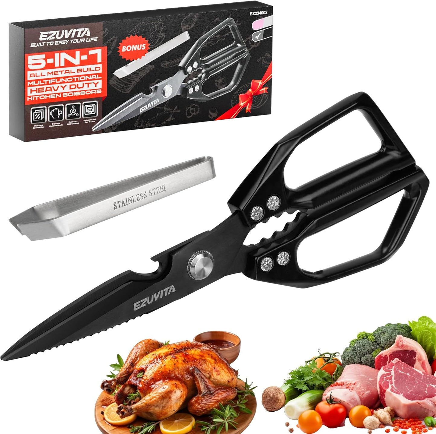 2PC 5-in-1 Kitchen Scissors Set, Multifunctional Shears | Titanium Coated Blades, Aluminum Alloy Handle, Fish Scaling Edge, Bottle Opener, Nutcracker,Poultry Tweezers,Dishwasher Safe