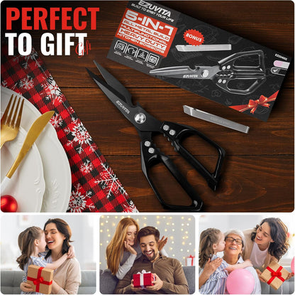 2PC 5-in-1 Kitchen Scissors Set, Multifunctional Shears | Titanium Coated Blades, Aluminum Alloy Handle, Fish Scaling Edge, Bottle Opener, Nutcracker,Poultry Tweezers,Dishwasher Safe
