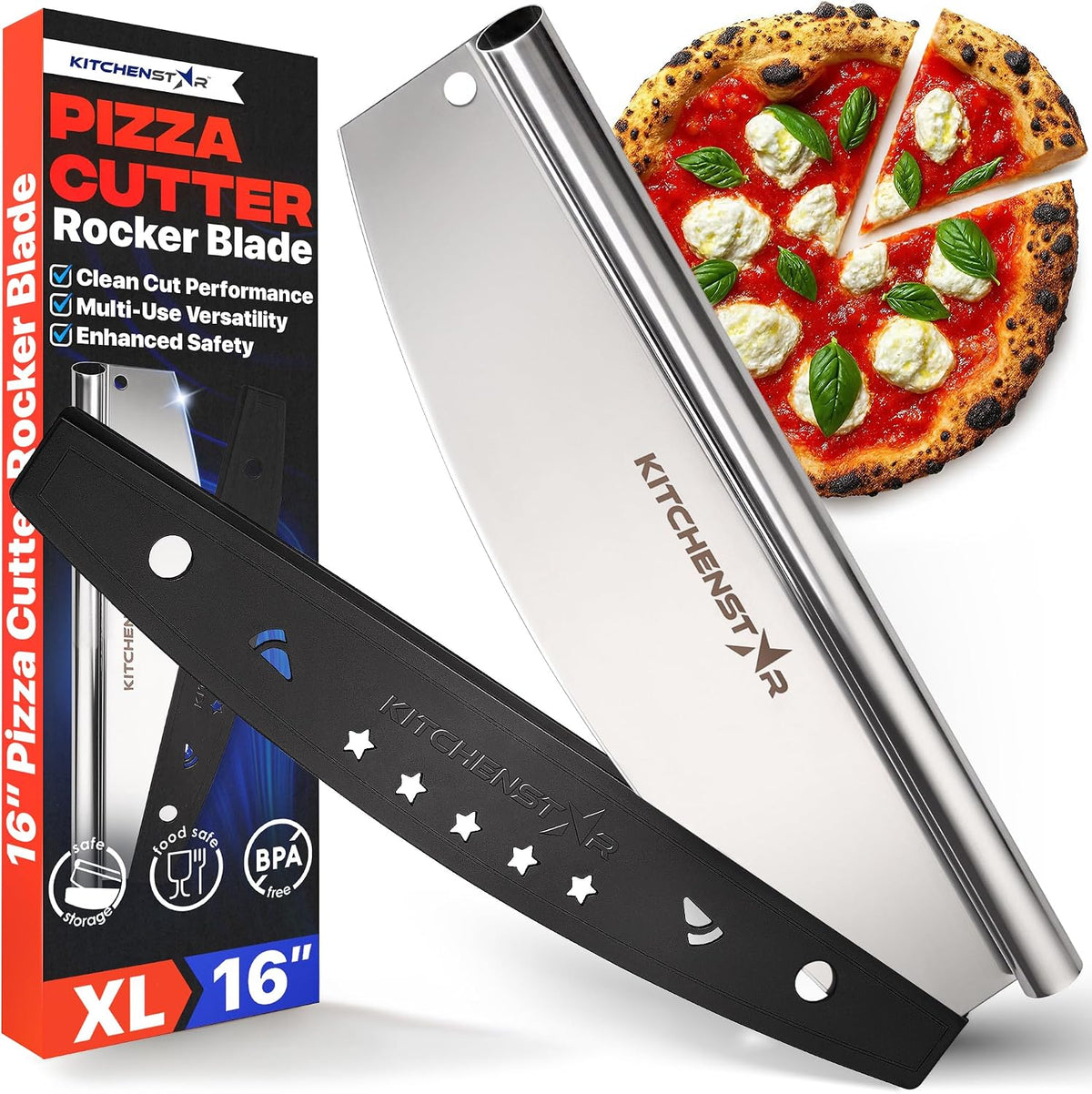 16-Inch Pizza Cutter Rocker Blade, 304 Stainless Steel Slicer Knife, Silver | Keeps Toppings Intact, Super Sharp, Protective Cover Included, Best for Large Pizzas, Dishwasher Safe