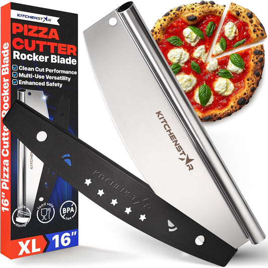 16-Inch Pizza Cutter Rocker Blade, 304 Stainless Steel Slicer Knife, Silver | Keeps Toppings Intact, Super Sharp, Protective Cover Included, Best for Large Pizzas, Dishwasher Safe