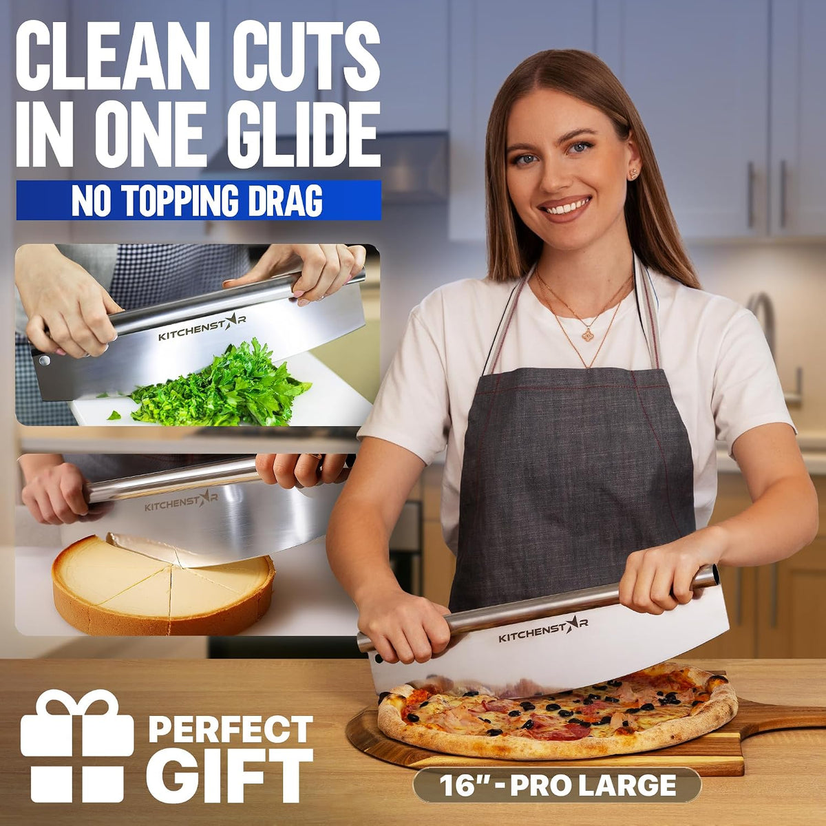 16-Inch Pizza Cutter Rocker Blade, 304 Stainless Steel Slicer Knife, Silver | Keeps Toppings Intact, Super Sharp, Protective Cover Included, Best for Large Pizzas, Dishwasher Safe