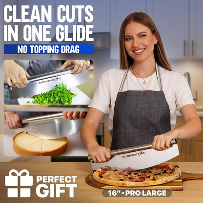 16-Inch Pizza Cutter Rocker Blade, 304 Stainless Steel Slicer Knife, Silver | Keeps Toppings Intact, Super Sharp, Protective Cover Included, Best for Large Pizzas, Dishwasher Safe