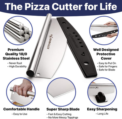 16-Inch Pizza Cutter Rocker Blade, 304 Stainless Steel Slicer Knife, Silver | Keeps Toppings Intact, Super Sharp, Protective Cover Included, Best for Large Pizzas, Dishwasher Safe