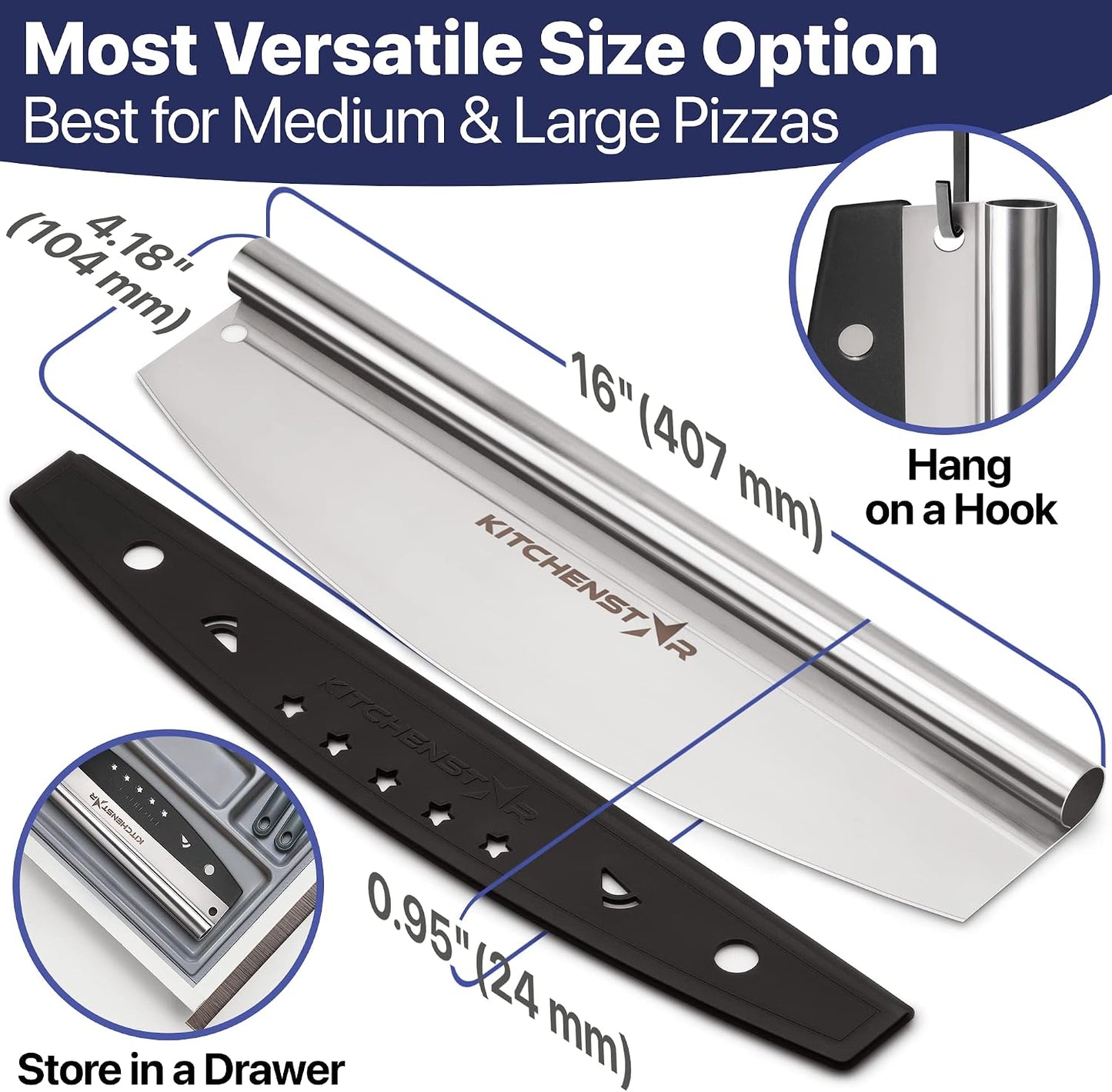 16-Inch Pizza Cutter Rocker Blade, 304 Stainless Steel Slicer Knife, Silver | Keeps Toppings Intact, Super Sharp, Protective Cover Included, Best for Large Pizzas, Dishwasher Safe