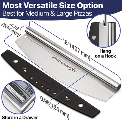 16-Inch Pizza Cutter Rocker Blade, 304 Stainless Steel Slicer Knife, Silver | Keeps Toppings Intact, Super Sharp, Protective Cover Included, Best for Large Pizzas, Dishwasher Safe