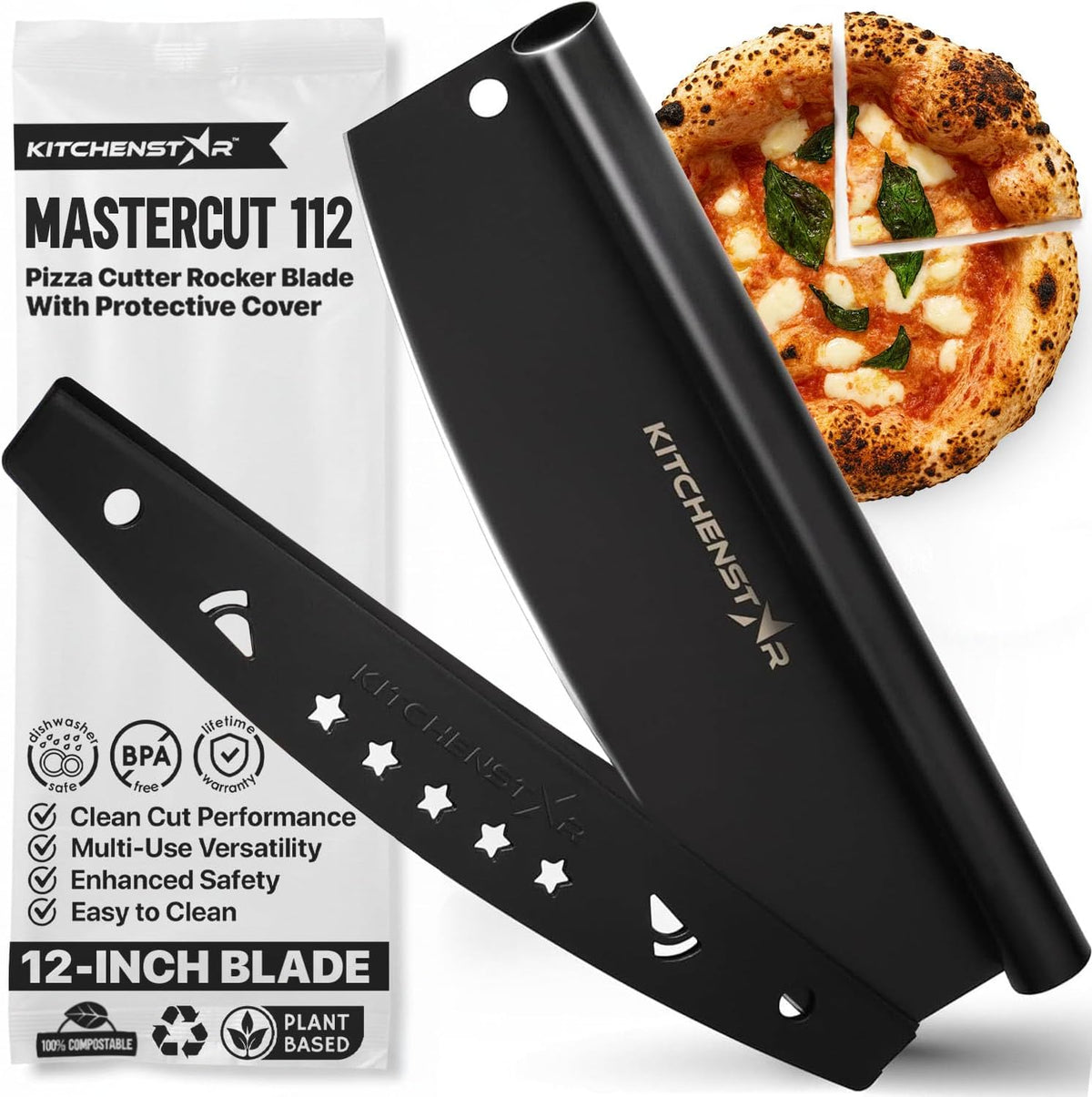 16-Inch Pizza Cutter Rocker Blade, 304 Stainless Steel Slicer Knife, Silver | Keeps Toppings Intact, Super Sharp, Protective Cover Included, Best for Large Pizzas, Dishwasher Safe