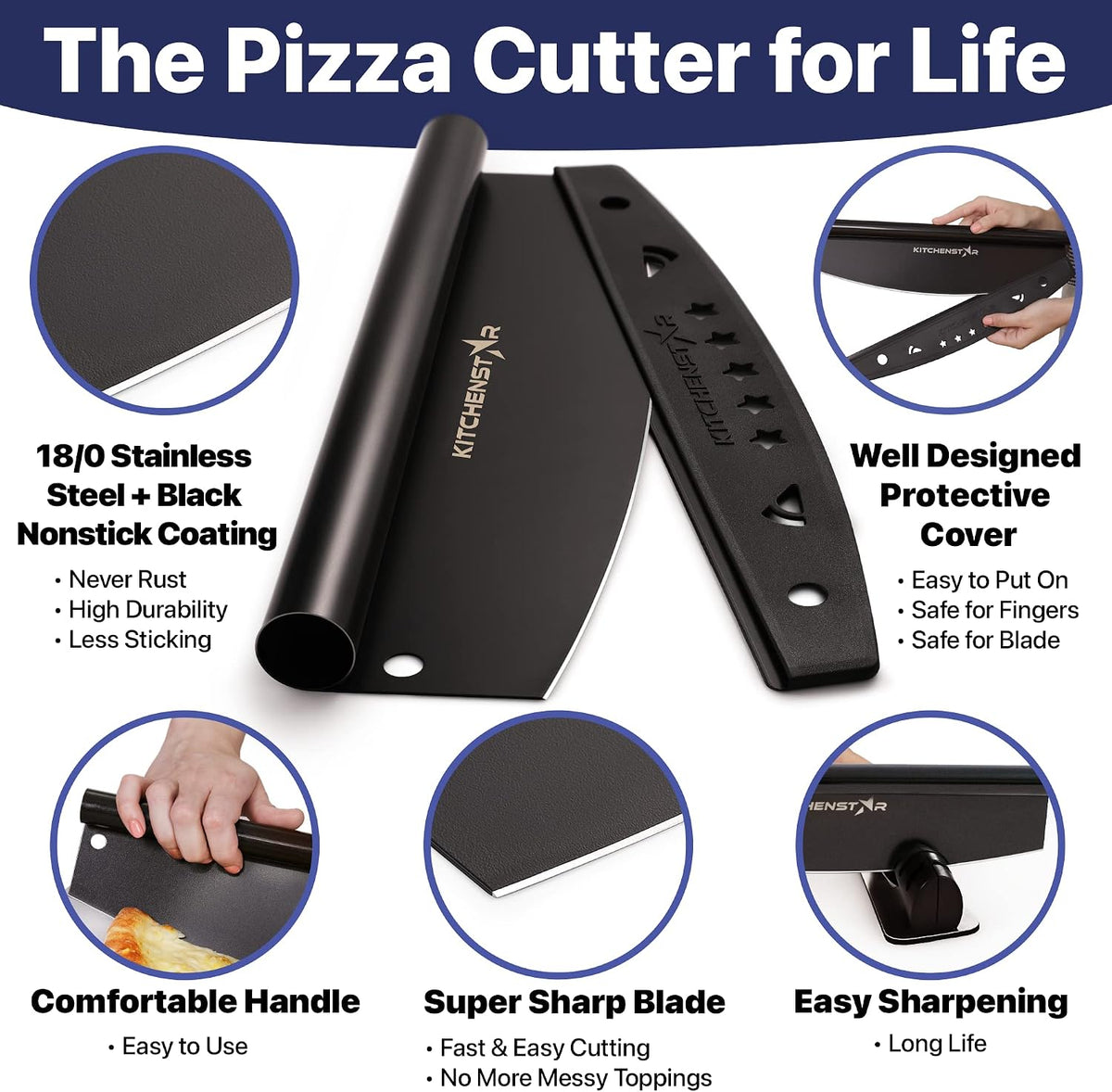 16-Inch Pizza Cutter Rocker Blade, 304 Stainless Steel Slicer Knife, Silver | Keeps Toppings Intact, Super Sharp, Protective Cover Included, Best for Large Pizzas, Dishwasher Safe