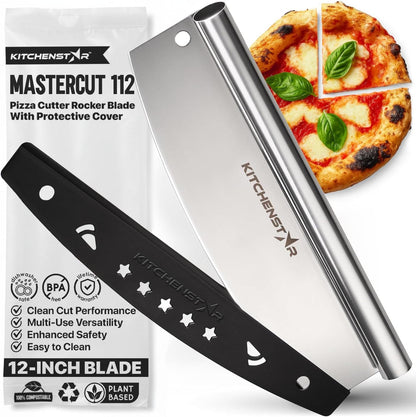 16-Inch Pizza Cutter Rocker Blade, 304 Stainless Steel Slicer Knife, Silver | Keeps Toppings Intact, Super Sharp, Protective Cover Included, Best for Large Pizzas, Dishwasher Safe