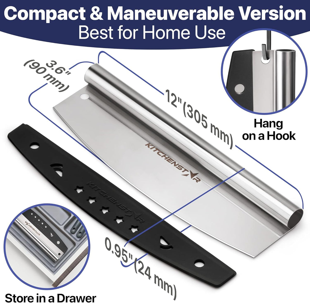 16-Inch Pizza Cutter Rocker Blade, 304 Stainless Steel Slicer Knife, Silver | Keeps Toppings Intact, Super Sharp, Protective Cover Included, Best for Large Pizzas, Dishwasher Safe