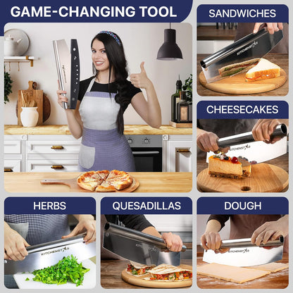 16-Inch Pizza Cutter Rocker Blade, 304 Stainless Steel Slicer Knife, Silver | Keeps Toppings Intact, Super Sharp, Protective Cover Included, Best for Large Pizzas, Dishwasher Safe
