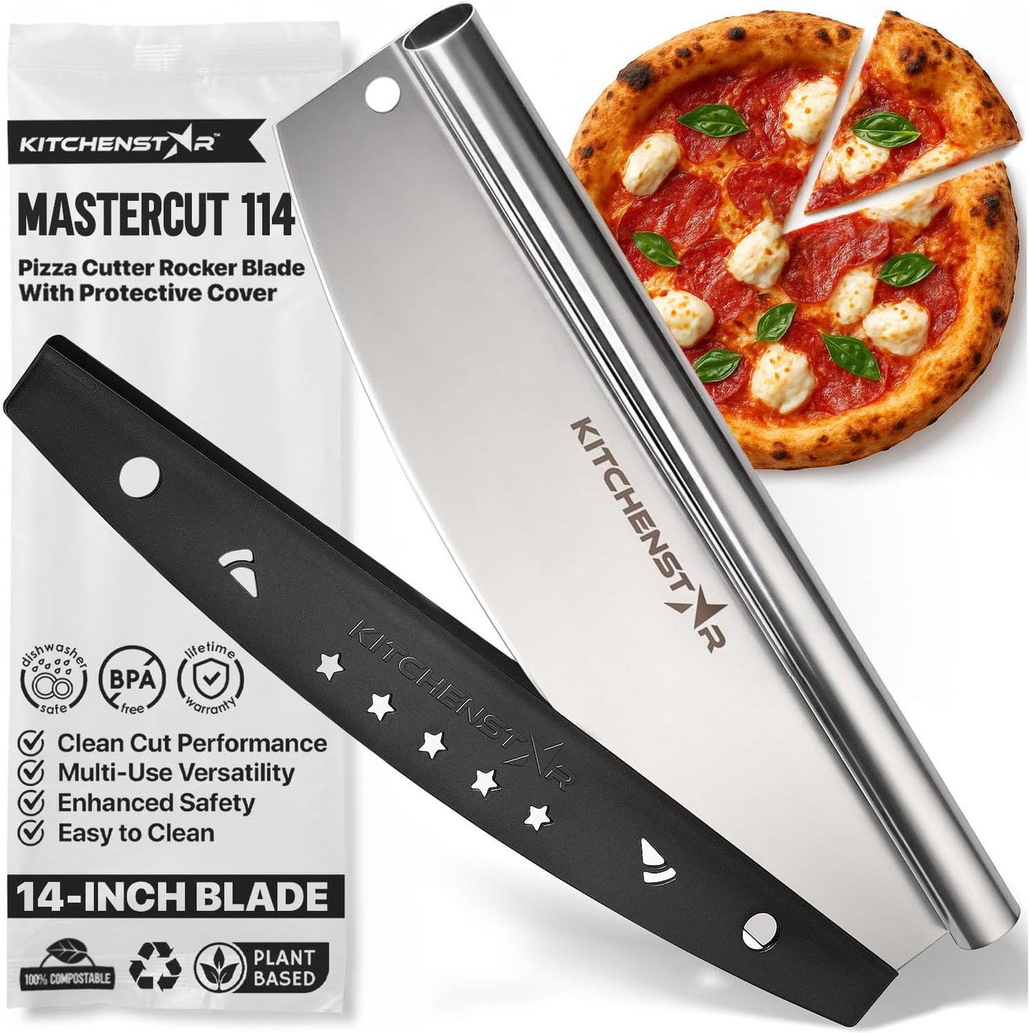 16-Inch Pizza Cutter Rocker Blade, 304 Stainless Steel Slicer Knife, Silver | Keeps Toppings Intact, Super Sharp, Protective Cover Included, Best for Large Pizzas, Dishwasher Safe