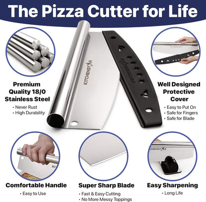 16-Inch Pizza Cutter Rocker Blade, 304 Stainless Steel Slicer Knife, Silver | Keeps Toppings Intact, Super Sharp, Protective Cover Included, Best for Large Pizzas, Dishwasher Safe