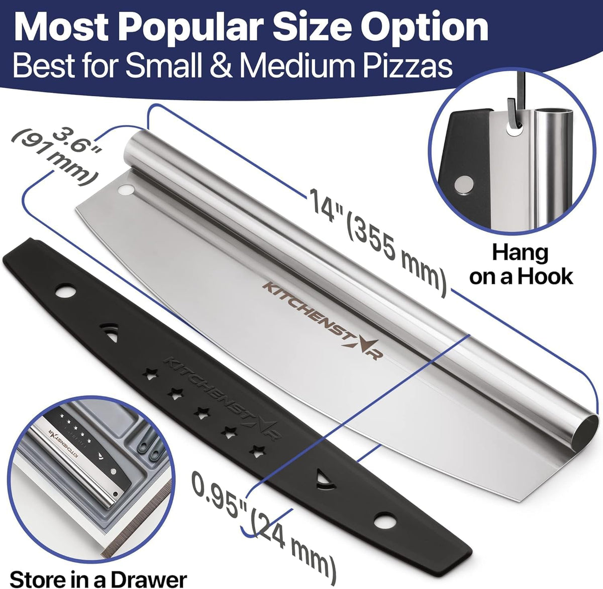 16-Inch Pizza Cutter Rocker Blade, 304 Stainless Steel Slicer Knife, Silver | Keeps Toppings Intact, Super Sharp, Protective Cover Included, Best for Large Pizzas, Dishwasher Safe