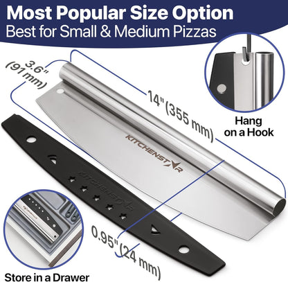 16-Inch Pizza Cutter Rocker Blade, 304 Stainless Steel Slicer Knife, Silver | Keeps Toppings Intact, Super Sharp, Protective Cover Included, Best for Large Pizzas, Dishwasher Safe